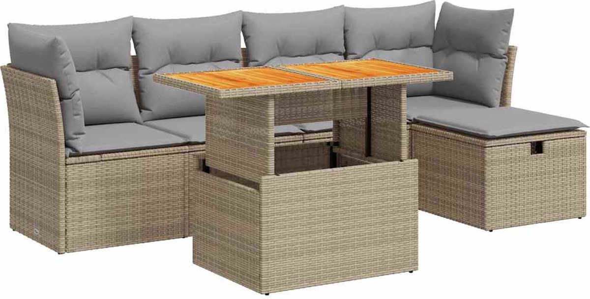 vidaXL 6-delige - Loungeset - met - kussens - poly - rattan - acacia - beige zwart