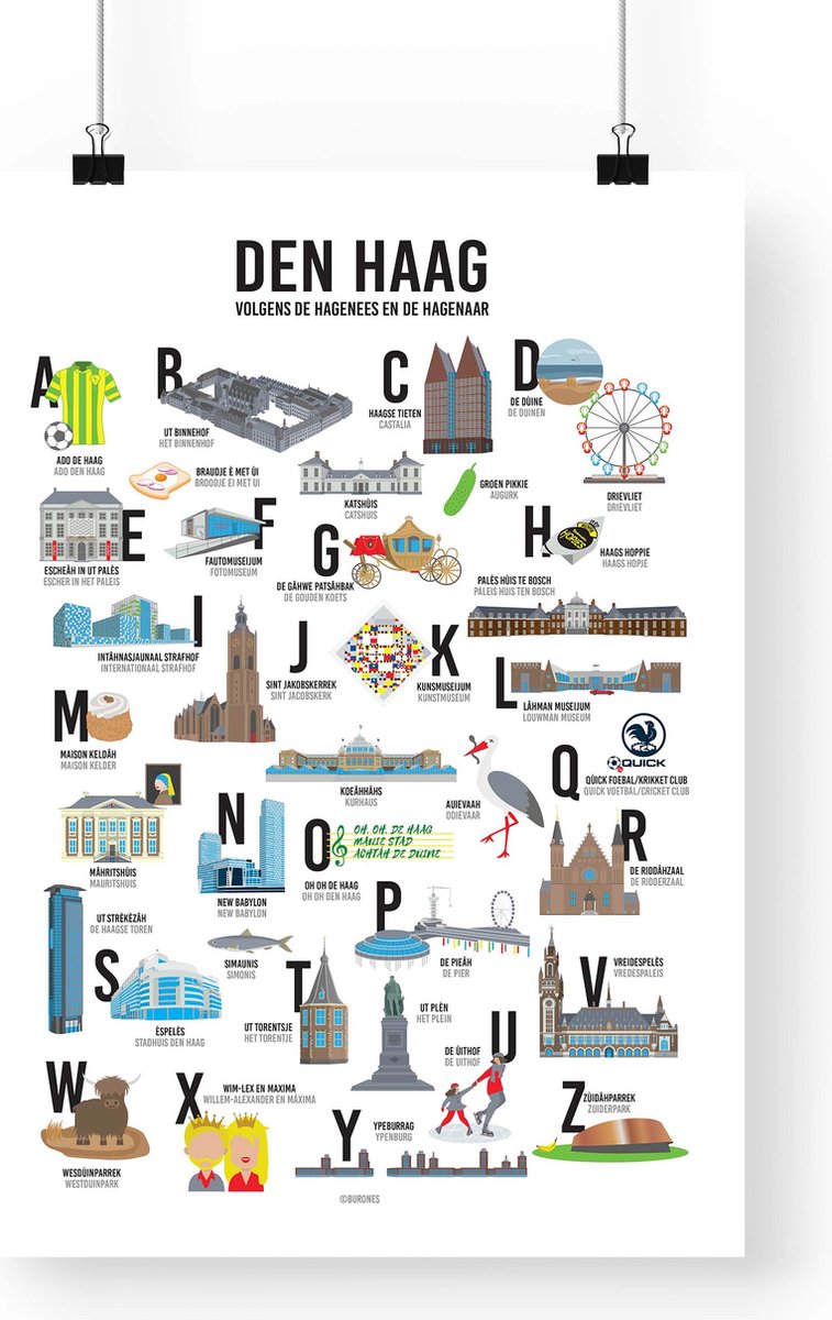 Artprint den Haag volgens de Hagenees en de Hagenaar - 50x70cm - Haagse gebouwen en begrippen - den Haag ABC poster - den Haag illustraties
