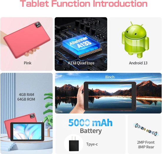 Elementkey Ai-8 Pro TAB8 - Tablette Android 8 pouces | 128 Go de stockage, 8 Go de Ram - Wi-Fi, Bluetooth 5.2 | Puissant et portable