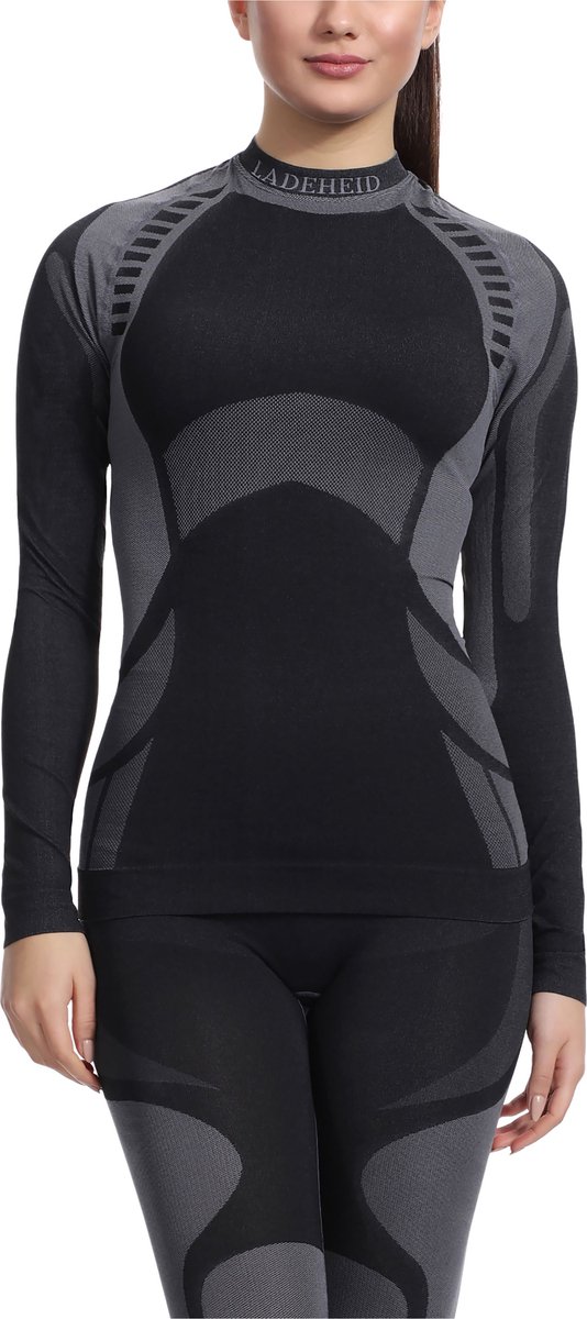 Ladeheid Dames Thermoshirt - Thermo ondergoed – Vrouwen - Thermokleding - Longsleeve - LA-SS-Thermo-Shirt-Women - Zwart/Grijs - XL