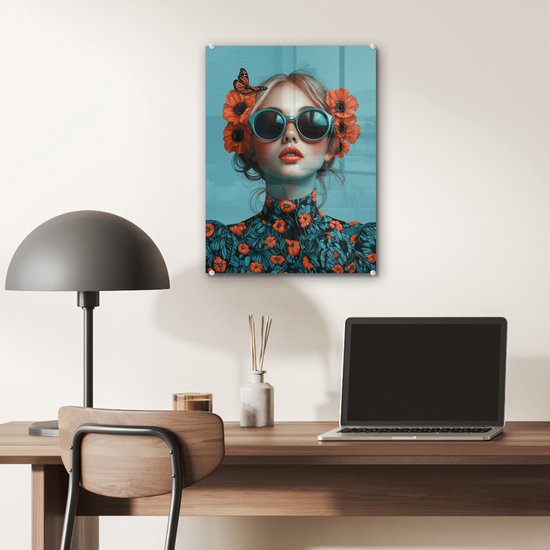MuchoWow® Glasschilderij 30x40 cm - Schilderij acrylglas - Vrouw - Blauw - Vlinder - Bloemen - Aesthetic - Foto op glas - Muurdecoratie woonkamer - Wanddecoratie slaapkamer - Schilderijen