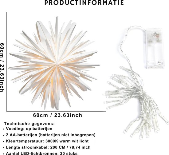 Grote witte papieren sterdecoratie met 20 warmwitte LED lampjes en batterijhouder.