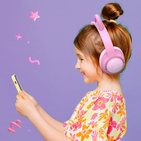 PowerLocus Bobo - Draadloze Koptelefoon voor Kinderen - Bluetooth koptelefoon - 74/85/94dB Volumebegrenzing - Katten Oortjes - Led Verlichting - Roze