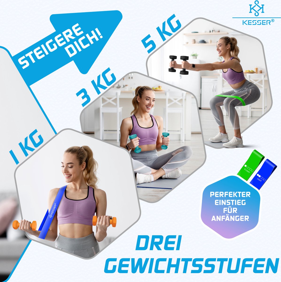 KESSER® Dumbells Set 3 Paren (2x 1, 2 & 5kg) = 18 kg totaal | 6x Dumbbells verstelbaar Geschikt voor Fitness Zumba & Aerobics | Halters Gewichten Set met Standaard | Halterset met oefeningenboekje, 2x fitnessbanden – foto 4