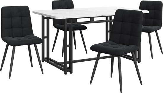 Eettafel met 4 stoelen - MDF blad, metalen frame en fluwelen kussens - Wit en Zwart