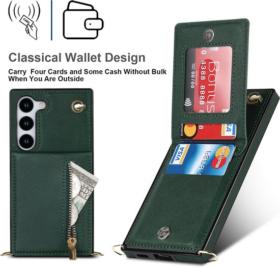 Étui de téléphone vert foncé avec fermeture éclair, ouvert pour montrer des cartes dans les compartiments.