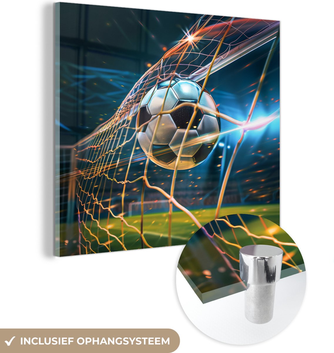MuchoWow® Glasschilderij 50x50 cm - Schilderij acrylglas - Voetbal - Goal - Sport - Jongens - Foto op glas - Muurdecoratie woonkamer - Wanddecoratie slaapkamer - Schilderijen