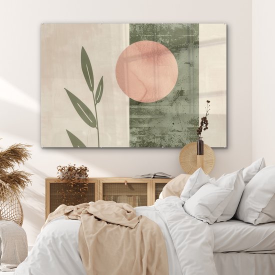 MuchoWow® Glasschilderij 150x100 cm - Schilderij acrylglas - Geometrisch - Roze - Groen - Natuur - Foto op glas - Muurdecoratie woonkamer - Wanddecoratie slaapkamer - Schilderijen