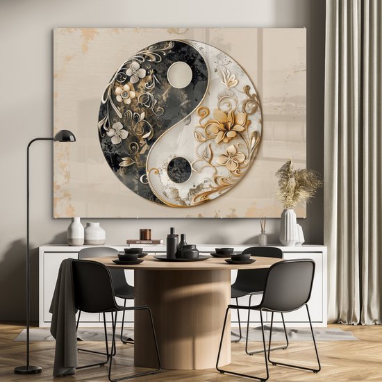 MuchoWow® Tableau sur verre 160x120 cm - Tableau sur verre acrylique - Yin Yang - Fleurs - Zwart - Wit - Vintage - Photo sur verre - Décoration murale salon - Décoration murale chambre - Peintures