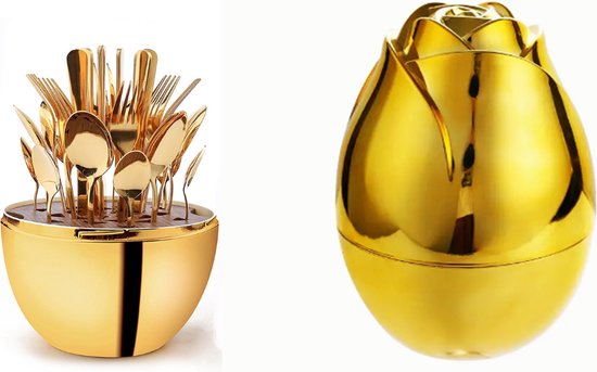 Ensemble de couverts de Luxe de 24 pièces en forme d'œuf/forme de rose – Couleur dorée – Perfect pour les cadeaux !
