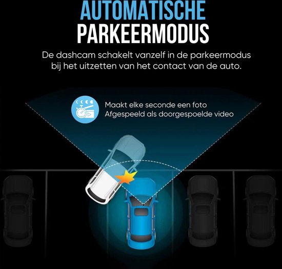 Illustratie van de automatische parkeermodus van een AZDome dashcam, met auto's.