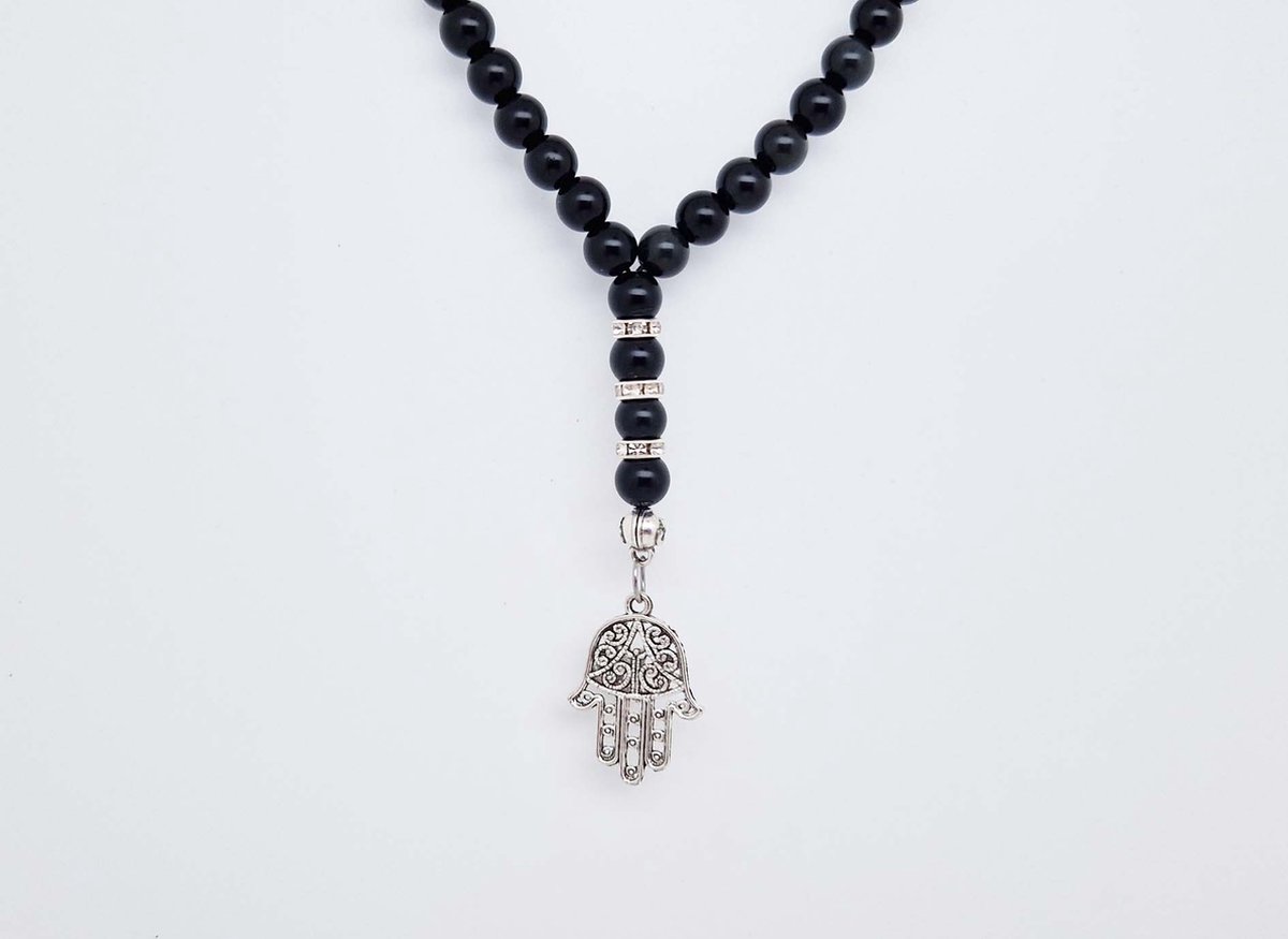 Handgemaakte Natuurstenen Autohanger " Obsidian"- Met metaal hanger - "palm" - 8 mm diameter van de korrel- Mooie accessoire en decoratie voor de auto