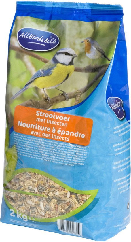 Blauwe zak met vogels en zaden, met 'Strooivoer met insecten' in oranje tekstvak.