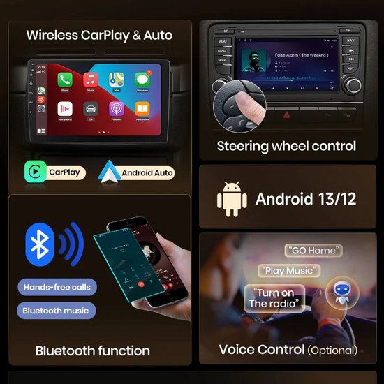 CarPlay & Auto sans fil, appels mains libres, musique Bluetooth et commande vocale (facultatif).
