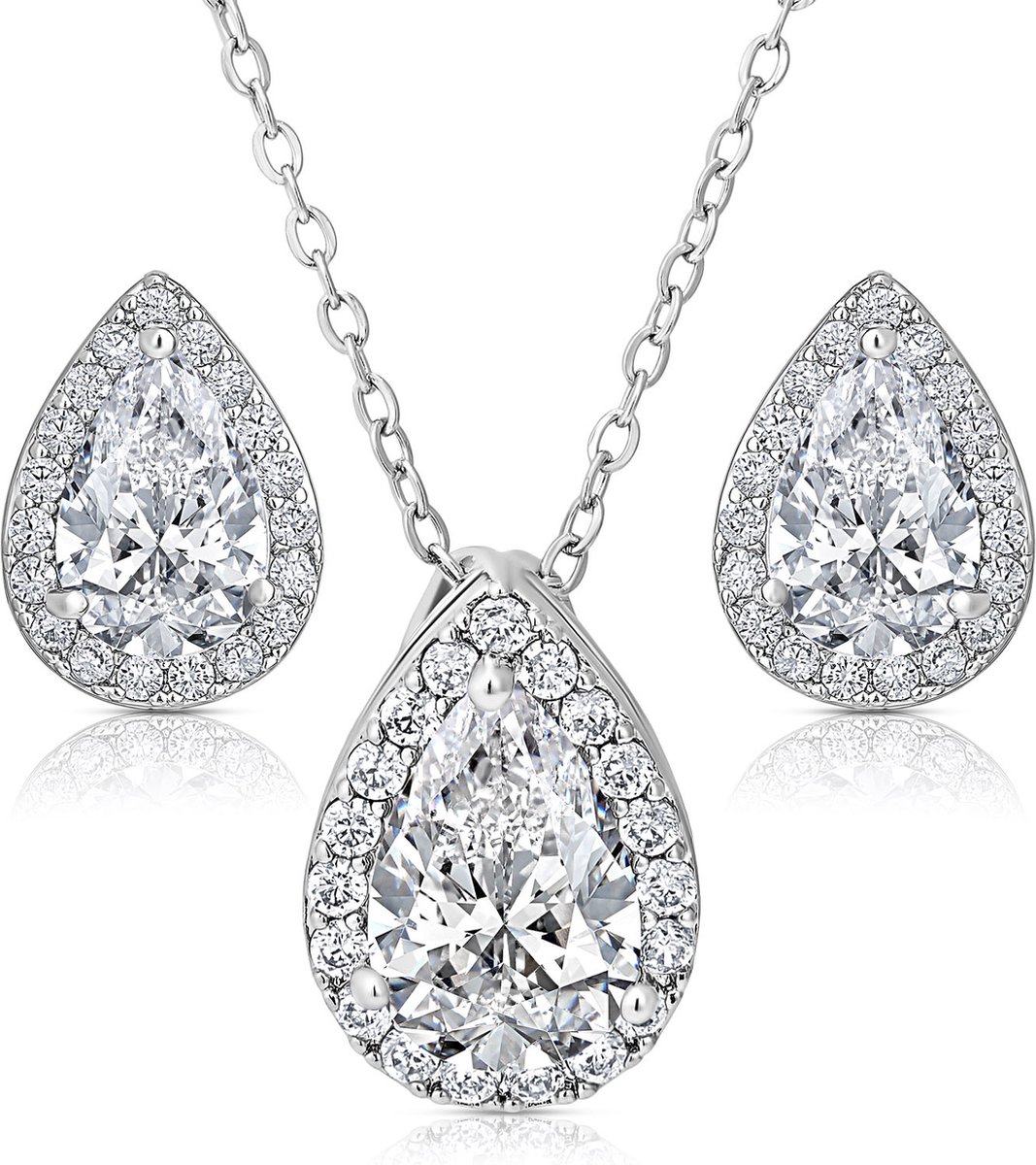 Juwelium Sieradenset + Houten Doos & Rozenbeer Geschenkset | Luxe Druppel Ketting en Oorbellen Crystal White met Zirkonia | Perfect Cadeau voor Vrouw, Vriendin, Moeder, Dochter