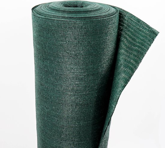 Rol donkergroen schaduwdoek met grofmazige textuur.