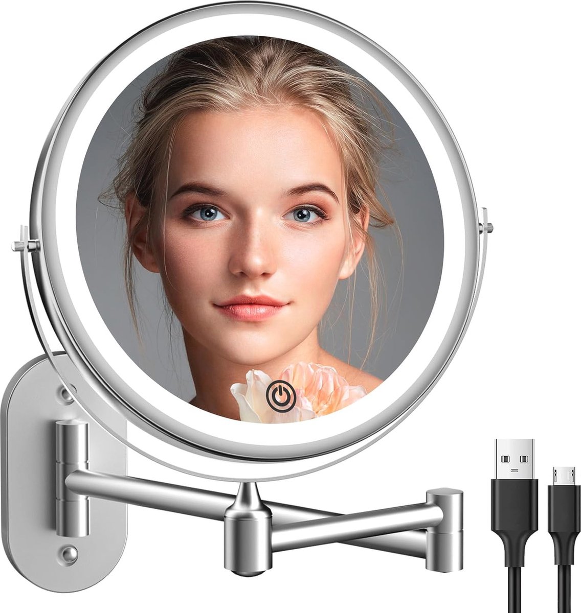 Oplaadbare wandmake-upspiegel 20,3 cm met 1x/10x vergroting en dimbare LED-lampen - 360° draaibaar en 3 kleuren verlichting