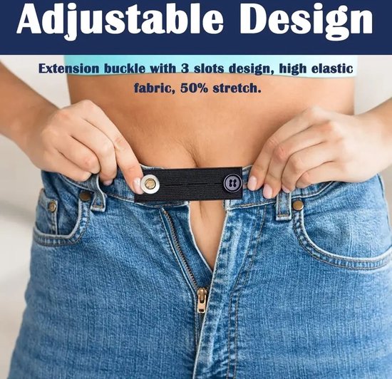 Zwarte broekverbreder met 3 gaten, gedragen door een zwangere vrouw. Titel: 'Adjustable Design'.