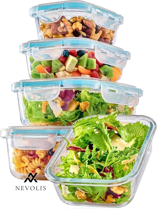 Nevolis Glazen Voedselopslagcontainer met Deksel - Set van 4 Vershouddozen - Stapelbaar - Luchtdicht - Vaatwasmachinebestendig - Geschikt voor Vriezer en Magnetron - Voedselopslag - Keukenorganisatie .