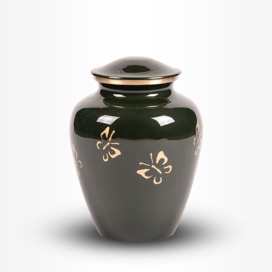 Messing Urn Middel 3,2 liter Groen Goudkleurig Vlinders - Urn voor Menselijke As - Crematie Urn voor As Volwassenen