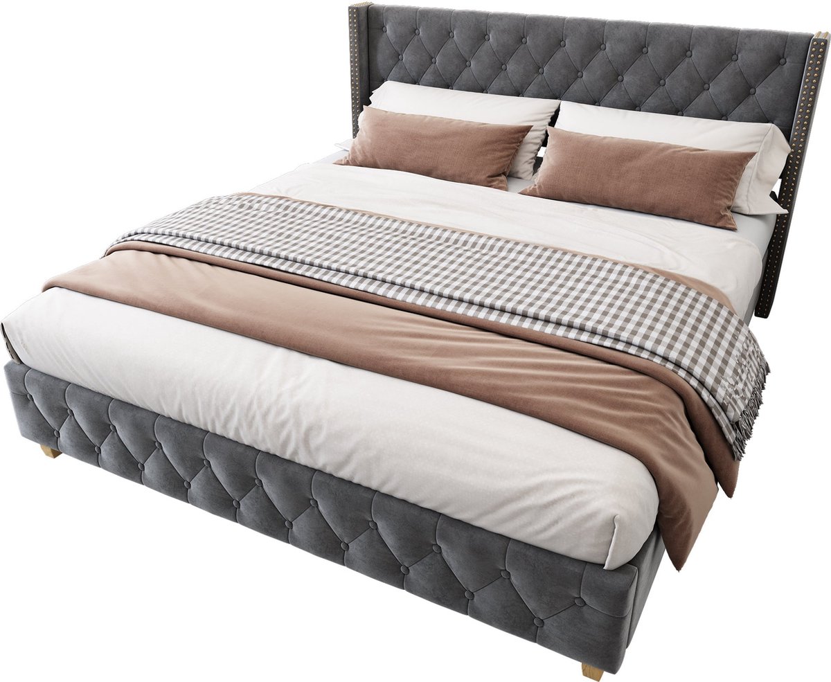 Merax Gestoffeerd Bed 180x200 cm met Lattenbodem en Hoofdbord - Knopversieringen - Studs en Houten Poten - Fluweel - Grijs