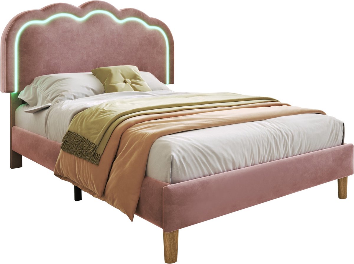 Merax LED Bed 90 x 190 cm - Gestoffeerd Bed in Roze met Verstelbaar Hoofdbord - Bedframe voor Slaapkamer en Logeerkamer - Fluweel
