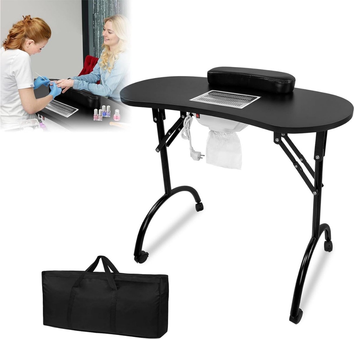 Manicure Tafel met Afzuiging – Nageltafel – Bureau – Op Wieltjes – Met Draagtas – Opvouwbaar – Zwart - 98 x 44 x 77 cm