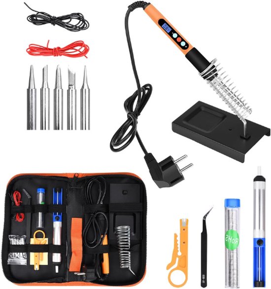 Soldeerboutset, 60 W soldeerbout met instelbare temperatuur 200-450 °C, soldeergereedschap met digitale multimeter met 5 soldeerpunten, hoogwaardig solderen en repareren, solderen ijzer voor