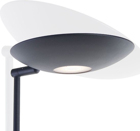 Gros plan de l'abat-jour rond et plat d'un lampadaire noir avec LED intégrée.