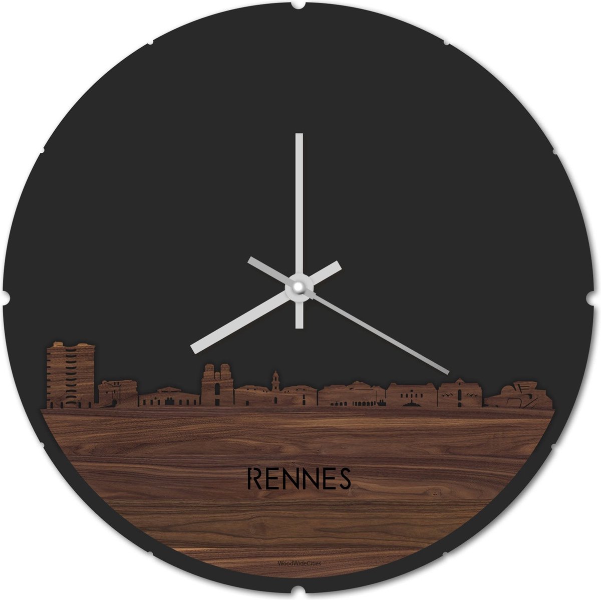 Skyline Klok Rond Rennes Notenhout - Ø 44 cm - Stil uurwerk - Wanddecoratie - Meer steden beschikbaar - Woonkamer idee - Woondecoratie - City Art - Steden kunst - Cadeau voor hem - Cadeau voor haar - Jubileum - Trouwerij - Housewarming -