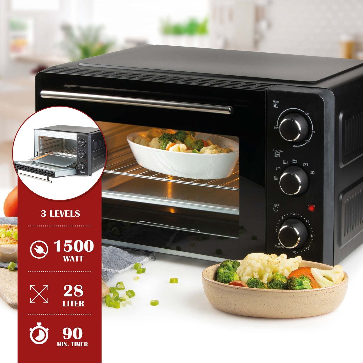 PRIMO PR254OV Vrijstaande Oven - Heteluchtoven - 28L - 1500W - Zwart – foto 4
