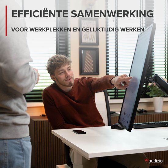 Man met bruin shirt wijst naar een monitor die op een Audizio monitorarm is gemonteerd. Tekst: Efficiënte samenwerking.