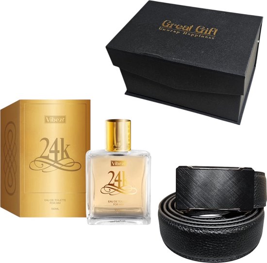 GreatGift - Luxe Cadeaupakket Gold - Met Leren Riem & Luxe Parfum - Voor Hem - 24K Gold Parfum in luxe geschenkbox