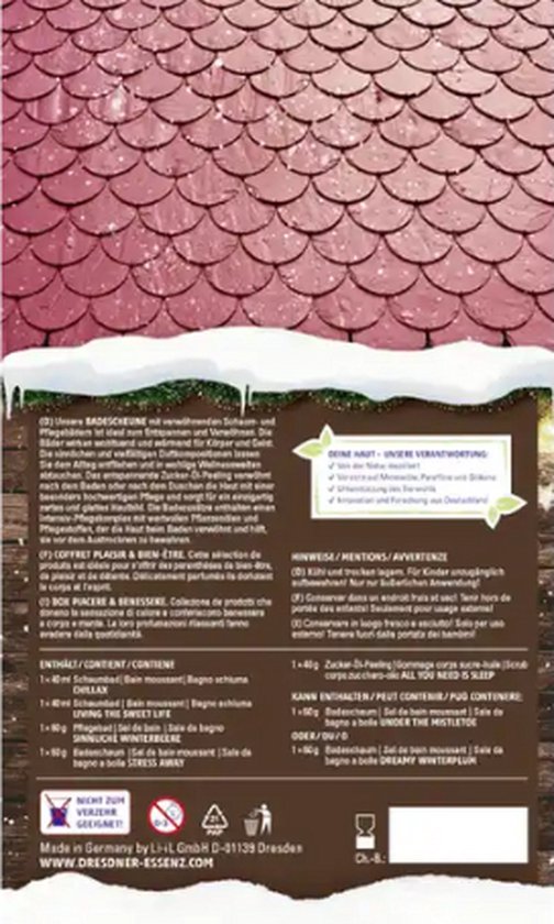 Coffret Cadeau Wellness & Beauty de Noël | Abri de Bain - Set de 6 | Dresdner Essenz 5x bain moussant - 1x douche peeling - crème pour les mains | Cadeau de Noël Beauty - Emballage cadeau - Cadeau de Noël Produits de soins