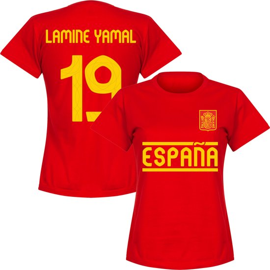 Rood dames t-shirt met "ESPAÑA" en een Spaanse wapenschild op de voorkant. Achterkant met "LAMINE YAMAL" en nummer "19".