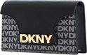 Zwarte DKNY tas met goudkleurig logo en herhalend DKNY-patroon.