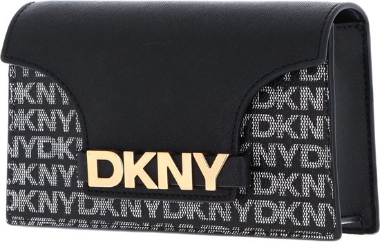Zwarte DKNY tas met goudkleurig logo en herhalend DKNY-patroon.