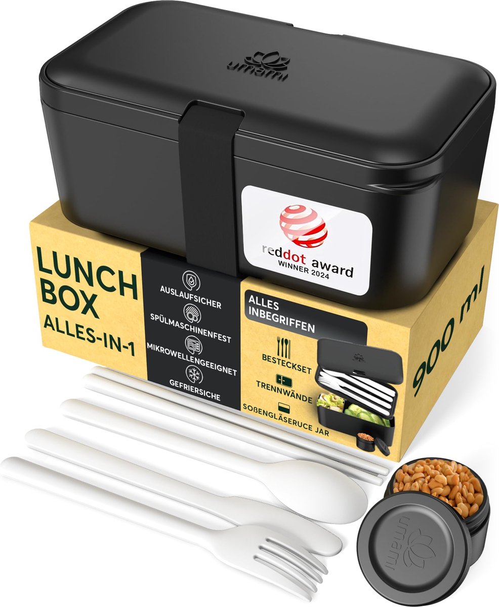 Umami® All-in-1 0,9L Bento Lunchbox Volwassenen met Bestek (Bentobox Onyx Zwart), Sauscontainers als lunchboxen Salade - Snack Bento Box, lekvrije Lunch Box - Brooddoos met Compartimenten voor Maaltijdbereiding - Broodtrommel