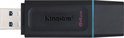 Zwarte Kingston 64GB USB 3.2 stick met blauwe accenten en Kingston logo.