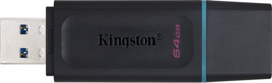 Zwarte Kingston 64GB USB 3.2 stick met blauwe accenten en Kingston logo.