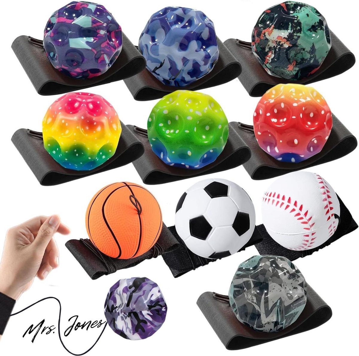 Mrs. Jones 9 stuks spaceballen Astro Jump Ball met koord 7 cm hoge sprongen rubberen bal lichtgevende maanbal space bal jump bal voor kinderen geschikt voor binnen en buiten feestcadeaus voor .