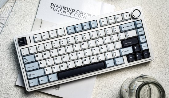 Wit mechanisch 75% toetsenbord met lichtblauwe en grijze toetsen, Qwerty-indeling, zwarte spatiebalk en RGB-verlichting.