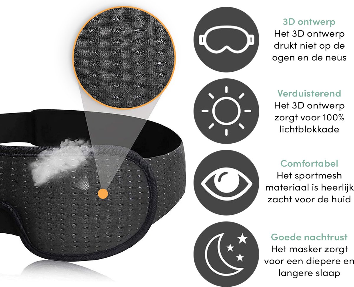 Loti Luxe Slaapmasker - 3D Ergonomisch - 100% Verduisterend - Traagschuim - Slaap Masker - Oog Masker – Ergonomisch Slaapmasker – Zwart — afbeelding 2