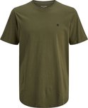 Een olijfgroene t-shirt met korte mouwen, ronde hals en een klein logo op de borst.