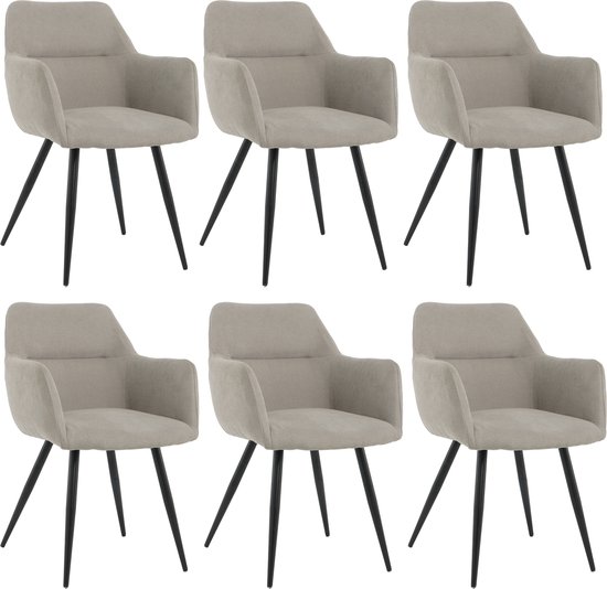 Zes grijze eetkamerstoelen van stof met zwarte metalen poten, op witte achtergrond.