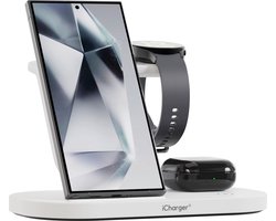 iCharger Samsungs Pro - Wit | Samsung 3-in-1 Draadloze Oplader | Geschikt voor Galaxy Telefoons, Buds & Watch | Inclusief Nachtlampje | Snel & Veilig Opladen