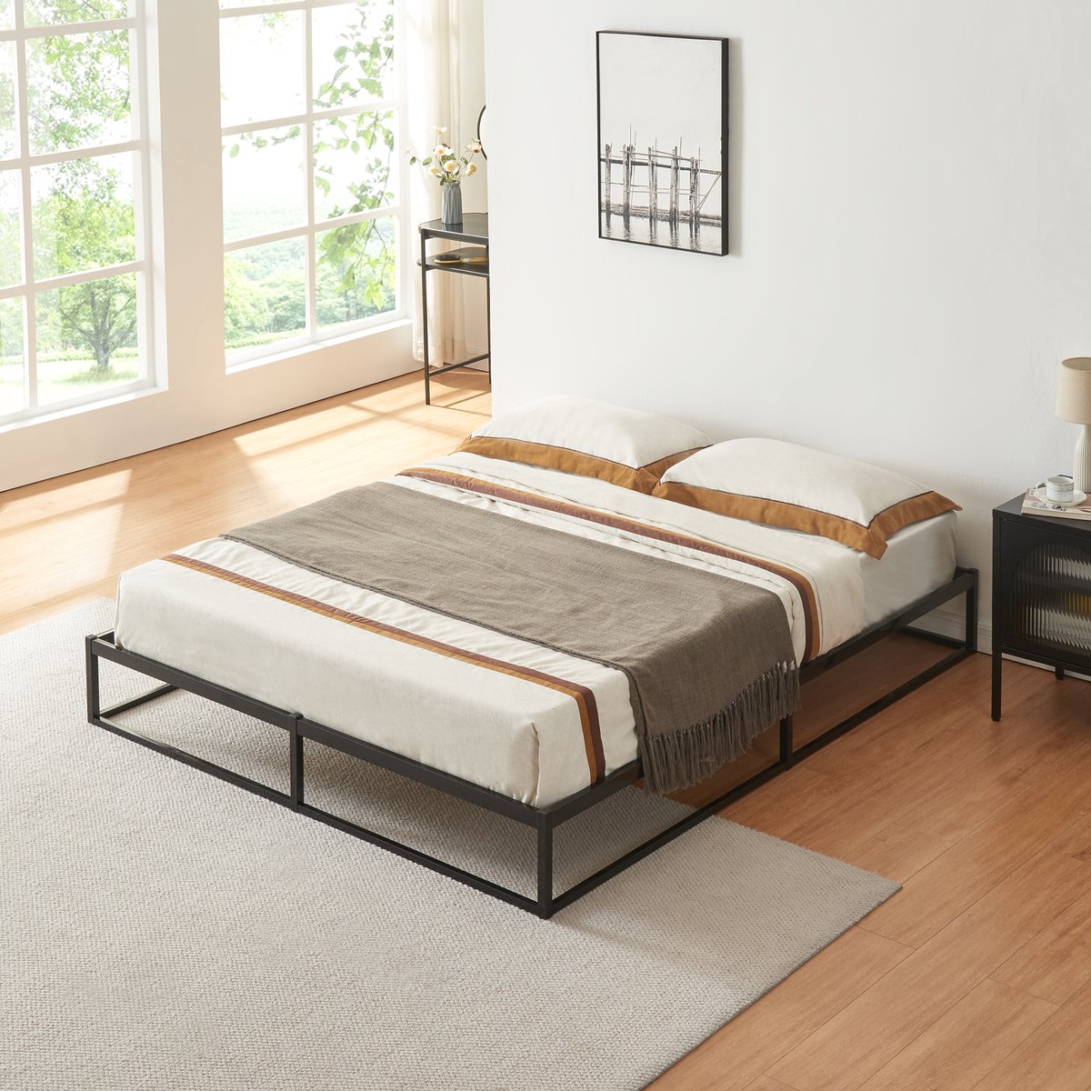 en.casa Metalen bedframe 140x200 cm met bedbodem en matras zwart [en.casa] [neu.haus]