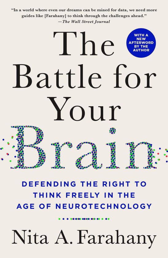 Boekomslag van 'The Battle for Your Brain' met de titel in grote letters, geschreven in gekleurde stippen.