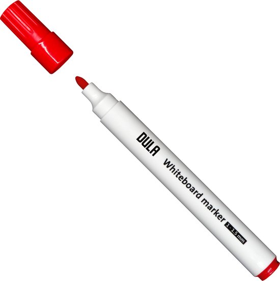 Een rode DULA whiteboardstift, 1-1.5 mm, ronde punt, met de dop eraf.