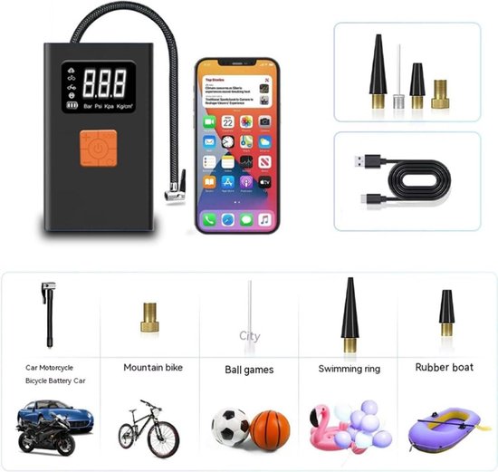 Cunsieun Draagbare luchtcompressor, mini-bandenpomp, 12 V, 2000 mAh accu, oplaadbare elektrische compressor, fietspomp, 150 psi manometer, voor auto, fiets, motorfiets, bal, AutoOff, USB-powerbank